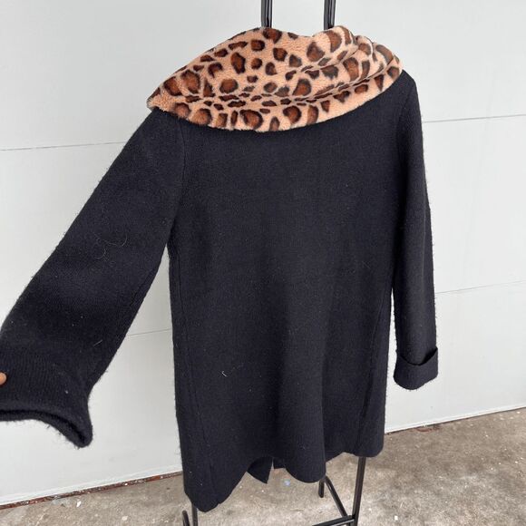 Ellen Tracy Wool-Blend Duster Coat Removable Faux Fur Leopard Collar SZ L - Picture 8 of 8